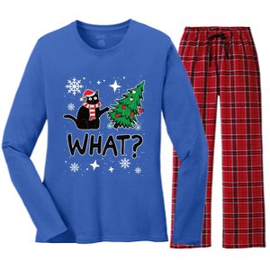 Funny Black Cat Design Pushing Christmas Tree Over Cat What? Gift Women's Long Sleeve Flannel Pajama Set 