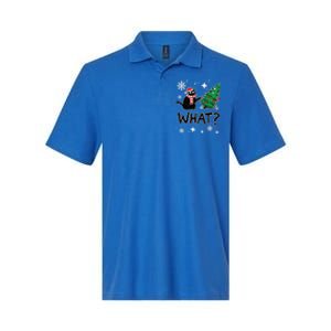 Funny Black Cat Design Pushing Christmas Tree Over Cat What? Gift Softstyle Adult Sport Polo