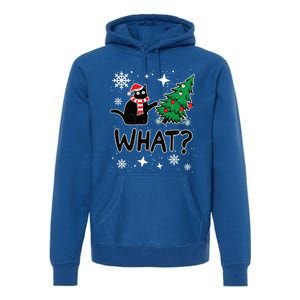 Funny Black Cat Design Pushing Christmas Tree Over Cat What? Gift Premium Hoodie