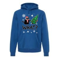 Funny Black Cat Design Pushing Christmas Tree Over Cat What? Gift Premium Hoodie