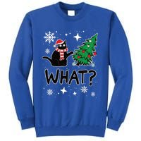 Funny Black Cat Design Pushing Christmas Tree Over Cat What? Gift Tall Sweatshirt