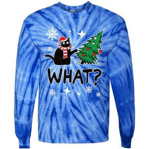 Funny Black Cat Design Pushing Christmas Tree Over Cat What? Gift Tie-Dye Long Sleeve Shirt