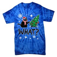 Funny Black Cat Design Pushing Christmas Tree Over Cat What? Gift Tie-Dye T-Shirt