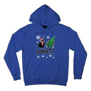 Funny Black Cat Design Pushing Christmas Tree Over Cat What? Gift Tall Hoodie