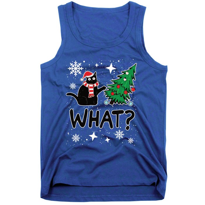 Funny Black Cat Design Pushing Christmas Tree Over Cat What? Gift Tank Top