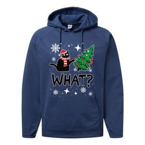 Funny Black Cat Design Pushing Christmas Tree Over Cat What? Gift Performance Fleece Hoodie