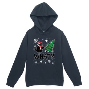 Funny Black Cat Design Pushing Christmas Tree Over Cat What? Gift Urban Pullover Hoodie