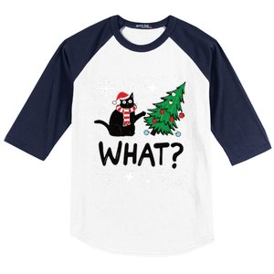 Funny Black Cat Design Pushing Christmas Tree Over Cat What? Gift Baseball Sleeve Shirt