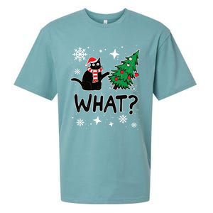 Funny Black Cat Design Pushing Christmas Tree Over Cat What? Gift Sueded Cloud Jersey T-Shirt