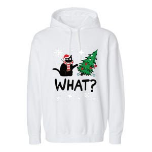 Funny Black Cat Design Pushing Christmas Tree Over Cat What? Gift Garment-Dyed Fleece Hoodie