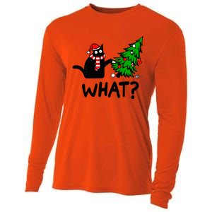 Funny Black Cat Gift Pushing Christmas Tree Over Cat What? Gift Cooling Performance Long Sleeve Crew