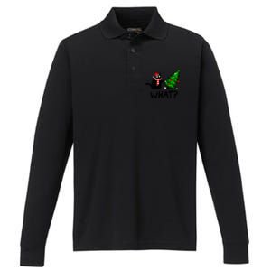 Funny Black Cat Gift Pushing Christmas Tree Over Cat What? Gift Performance Long Sleeve Polo