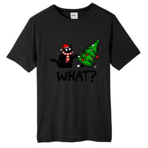 Funny Black Cat Gift Pushing Christmas Tree Over Cat What? Gift Tall Fusion ChromaSoft Performance T-Shirt