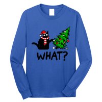 Funny Black Cat Gift Pushing Christmas Tree Over Cat What? Gift Long Sleeve Shirt