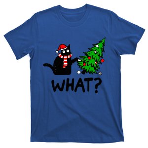 Funny Black Cat Gift Pushing Christmas Tree Over Cat What? Gift T-Shirt