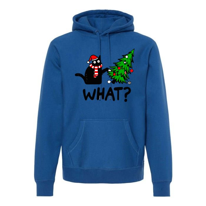 Funny Black Cat Gift Pushing Christmas Tree Over Cat What? Gift Premium Hoodie