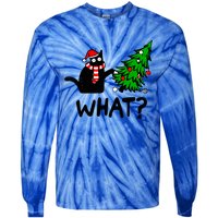 Funny Black Cat Gift Pushing Christmas Tree Over Cat What? Gift Tie-Dye Long Sleeve Shirt