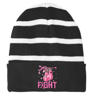 Fight Breast Cancer Awareness Boxing Gloves Warrior Striped Beanie with Solid Band