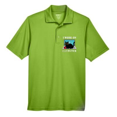 Funny Black Cat I Work On Computer For Cat Lover , Funny Cat Men's Origin Performance Pique Polo