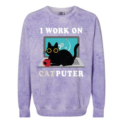 Funny Black Cat I Work On Computer For Cat Lover , Funny Cat Colorblast Crewneck Sweatshirt