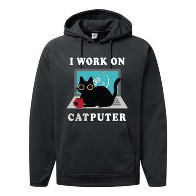 Funny Black Cat I Work On Computer For Cat Lover , Funny Cat Performance Fleece Hoodie