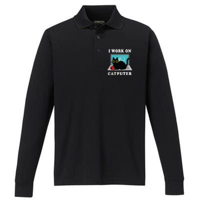 Funny Black Cat I Work On Computer For Cat Lover , Funny Cat Performance Long Sleeve Polo