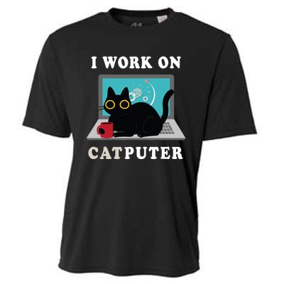 Funny Black Cat I Work On Computer For Cat Lover , Funny Cat Cooling Performance Crew T-Shirt