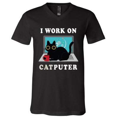 Funny Black Cat I Work On Computer For Cat Lover , Funny Cat V-Neck T-Shirt