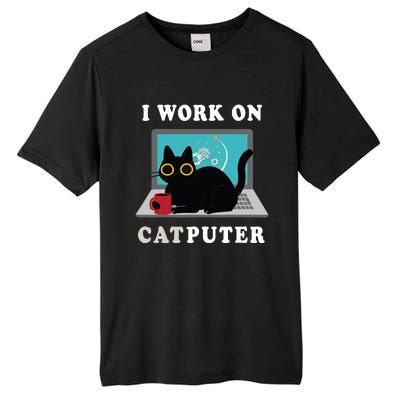 Funny Black Cat I Work On Computer For Cat Lover , Funny Cat Tall Fusion ChromaSoft Performance T-Shirt