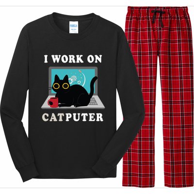 Funny Black Cat I Work On Computer For Cat Lover , Funny Cat Long Sleeve Pajama Set