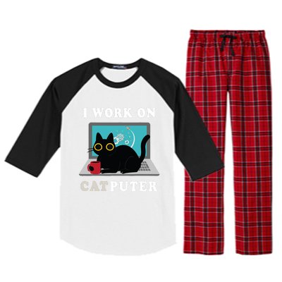 Funny Black Cat I Work On Computer For Cat Lover , Funny Cat Raglan Sleeve Pajama Set