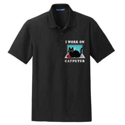 Funny Black Cat I Work On Computer For Cat Lover , Funny Cat Dry Zone Grid Polo