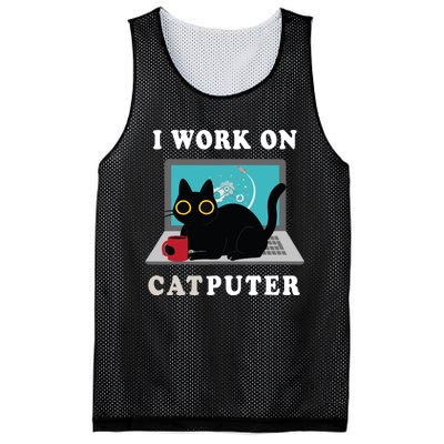 Funny Black Cat I Work On Computer For Cat Lover , Funny Cat Mesh Reversible Basketball Jersey Tank