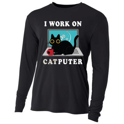 Funny Black Cat I Work On Computer For Cat Lover , Funny Cat Cooling Performance Long Sleeve Crew