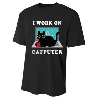 Funny Black Cat I Work On Computer For Cat Lover , Funny Cat Performance Sprint T-Shirt