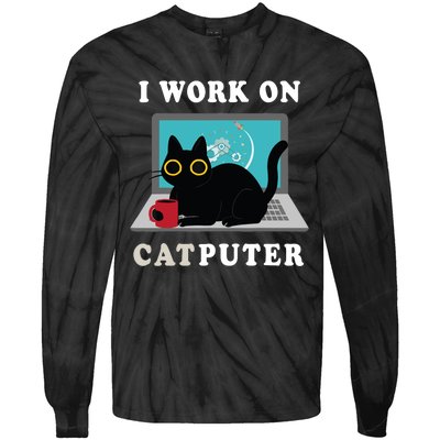 Funny Black Cat I Work On Computer For Cat Lover , Funny Cat Tie-Dye Long Sleeve Shirt