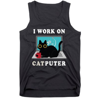 Funny Black Cat I Work On Computer For Cat Lover , Funny Cat Tank Top