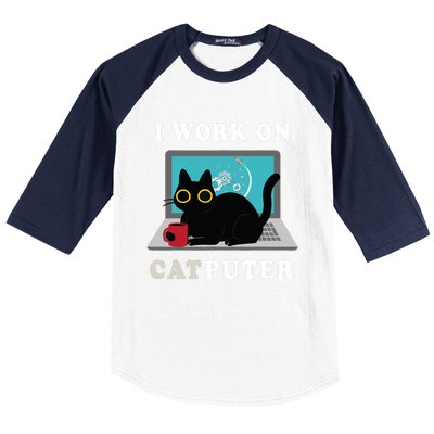 Funny Black Cat I Work On Computer For Cat Lover , Funny Cat Baseball Sleeve Shirt