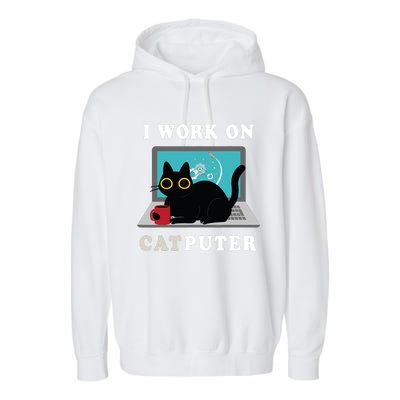 Funny Black Cat I Work On Computer For Cat Lover , Funny Cat Garment-Dyed Fleece Hoodie