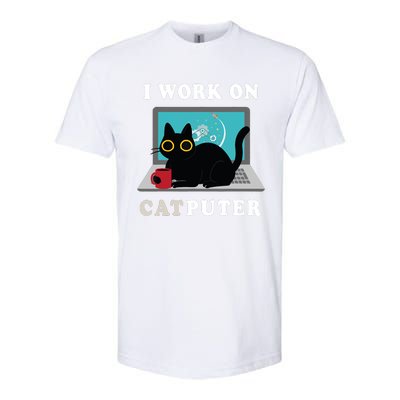 Funny Black Cat I Work On Computer For Cat Lover , Funny Cat Softstyle CVC T-Shirt