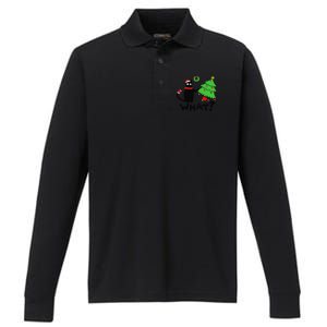 Funny Black Cat Pushing Christmas Tree Over Funny Cat What Performance Long Sleeve Polo