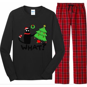 Funny Black Cat Pushing Christmas Tree Over Funny Cat What Long Sleeve Pajama Set