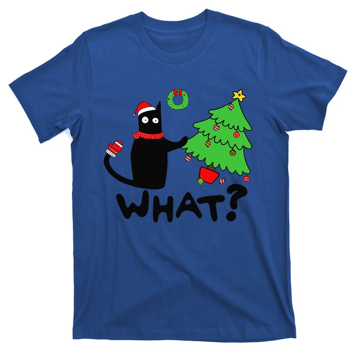 Funny Black Cat Pushing Christmas Tree Over Funny Cat What T-Shirt