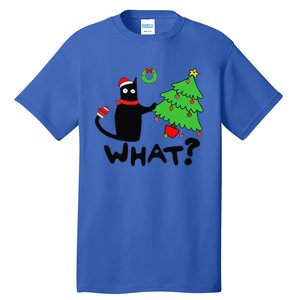 Funny Black Cat Pushing Christmas Tree Over Funny Cat What Tall T-Shirt