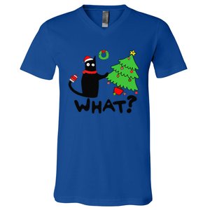 Funny Black Cat Pushing Christmas Tree Over Funny Cat What V-Neck T-Shirt