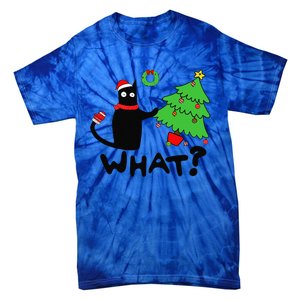 Funny Black Cat Pushing Christmas Tree Over Funny Cat What Tie-Dye T-Shirt