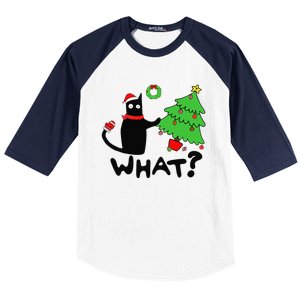 Funny Black Cat Pushing Christmas Tree Over Funny Cat What Baseball Sleeve Shirt