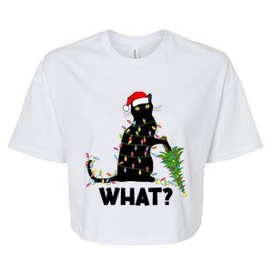 Funny Black Cat Pushing Christmas Tree Over Cat Christmas Funny Gift Bella+Canvas Jersey Crop Tee