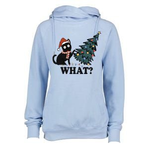 Funny Black Cat Pushing Christmas Tree What? Christmas Cat Great Gift Womens Funnel Neck Pullover Hood