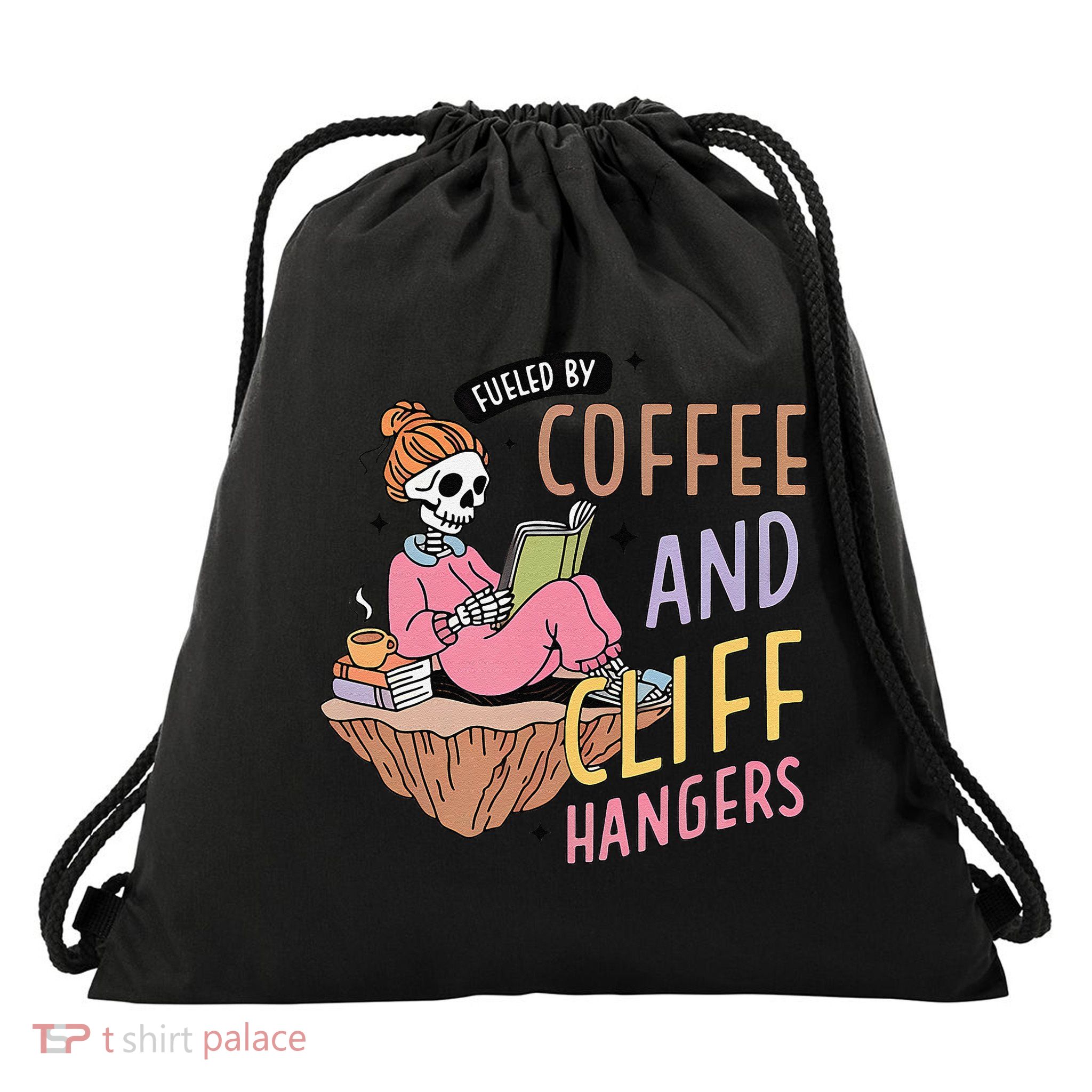 Fueled By Coffee And Cliff Hangers Funny Design Drawstring Bag